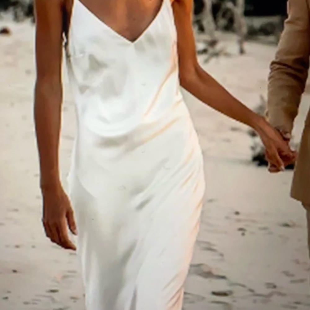 Sheath Spaghetti Straps Ruched Sweep Train Satin Wedding Dress slight sheen
